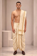 Cream colour Cheeri silk dhoti and dupatta with gold zari border  and elastic drawstring waist