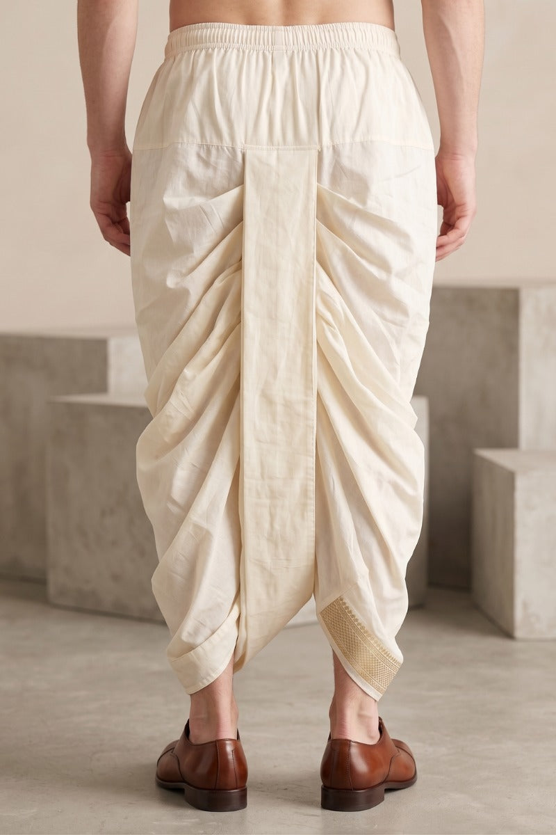 Cream colour Cheeri silk dhoti and dupatta with gold zari border  and elastic drawstring waist