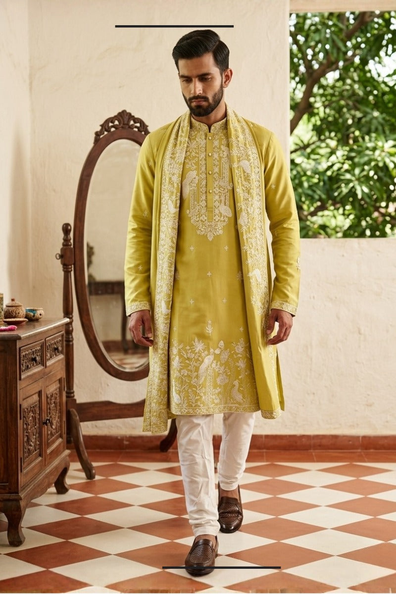 Mehendi green kurta set with thread work and dupatta