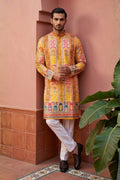Yellow colour georgette fabric kurta set with allover printed embroidery kurta set