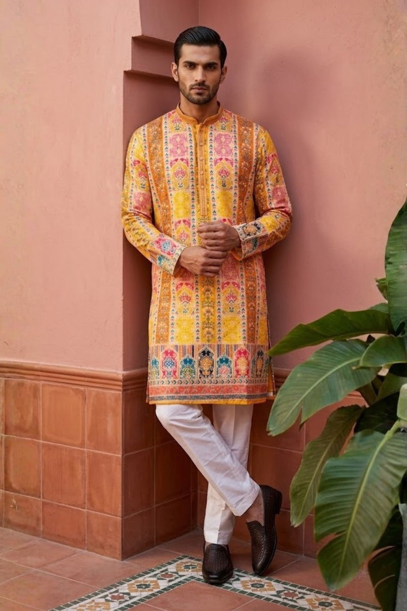 Yellow colour georgette fabric kurta set with allover printed embroidery kurta set