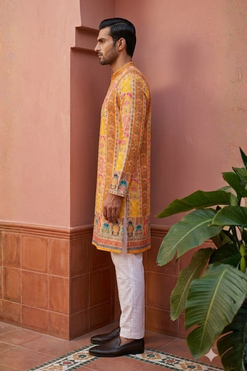 Yellow colour georgette fabric kurta set with allover printed embroidery kurta set