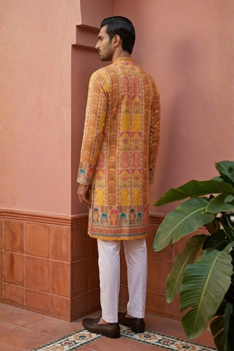 Yellow colour georgette fabric kurta set with allover printed embroidery kurta set