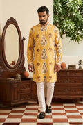Yellow printed cotton blend kurta set with a half zipper