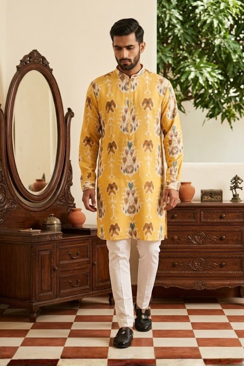 Yellow printed cotton blend kurta set with a half zipper