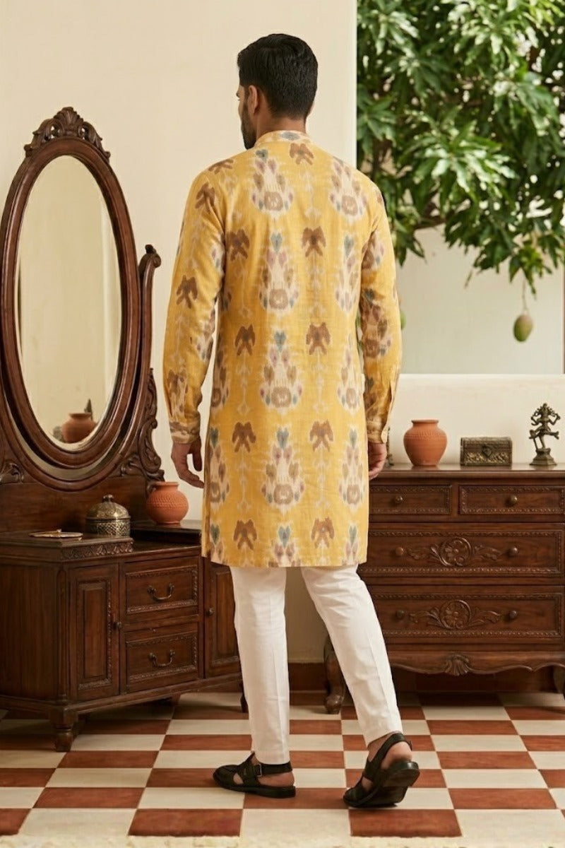 Yellow printed cotton blend kurta set with a half zipper