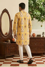Yellow printed cotton blend kurta set with a half zipper