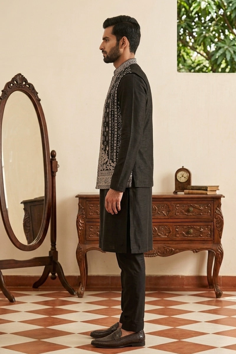 Plain black kurta set with embroidered jacket