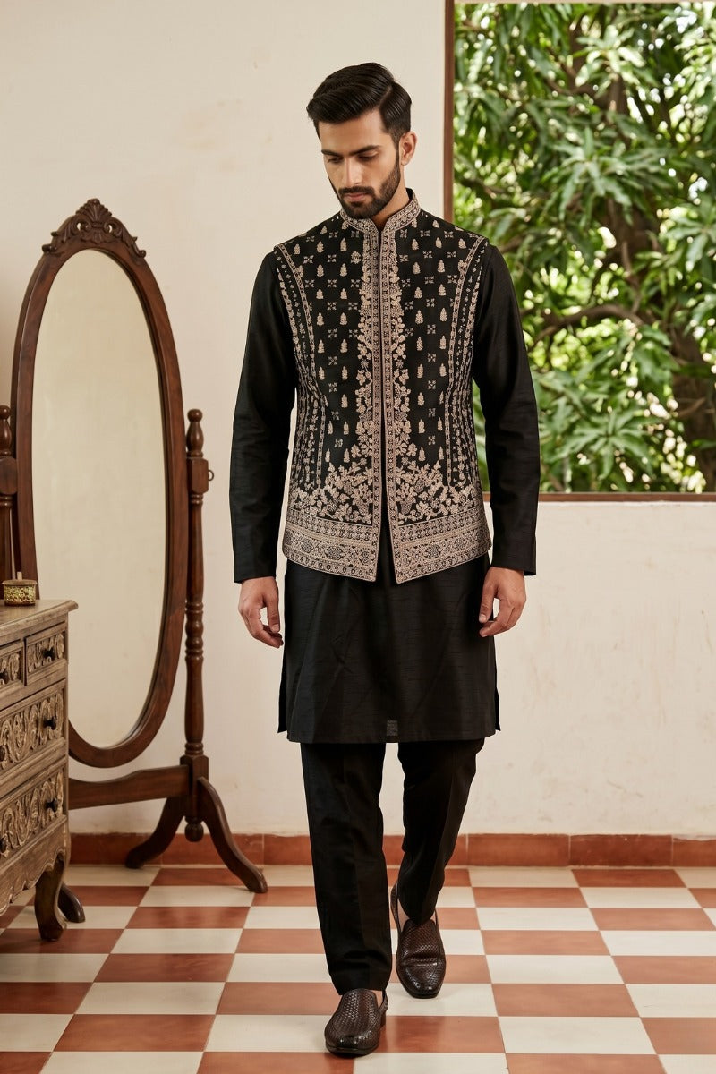 Plain black kurta set with embroidered jacket