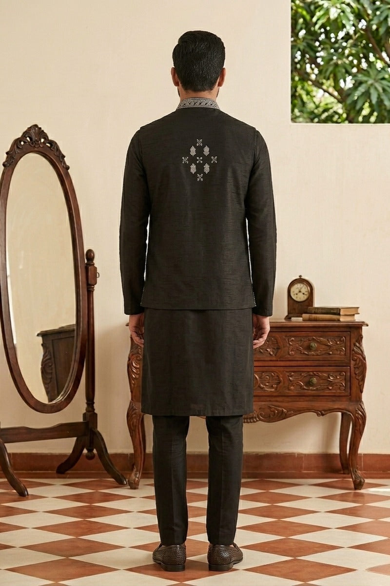 Plain black kurta set with embroidered jacket
