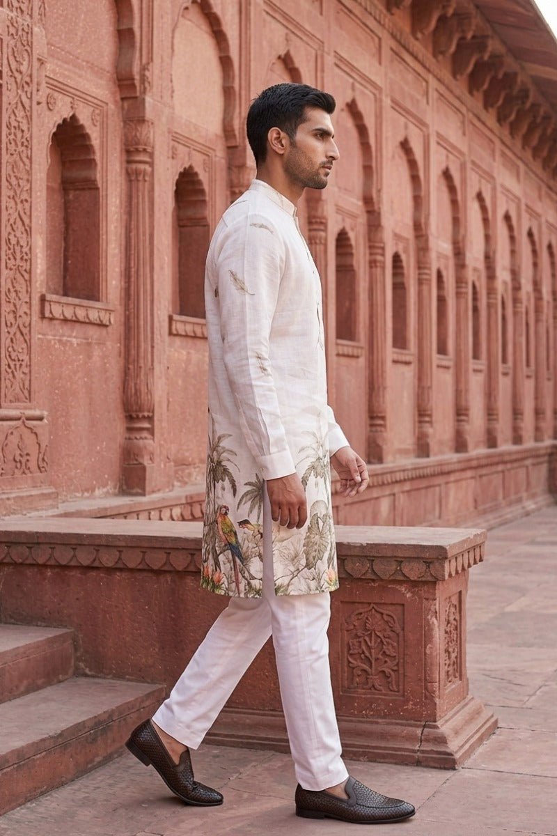 White colour kurta with floral print and pant