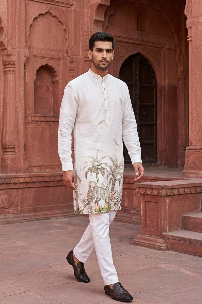 White colour kurta with floral print and pant