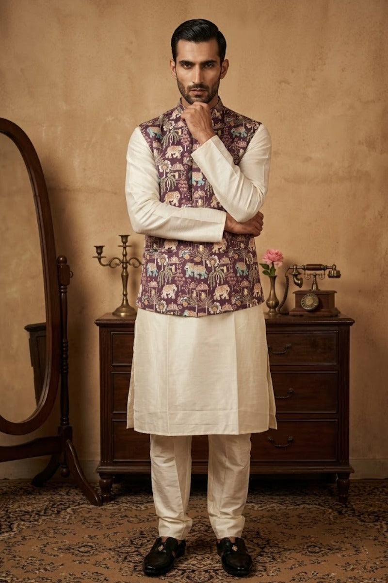 Wine colour half sleeves bundi with allover printed motifs