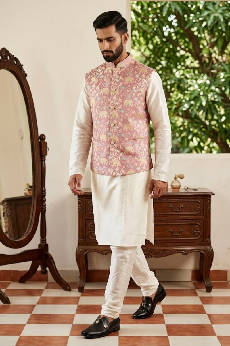 Onion colour half sleeves printed bundi