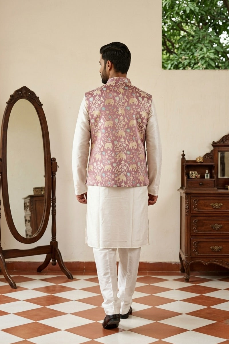 Onion colour half sleeves printed bundi