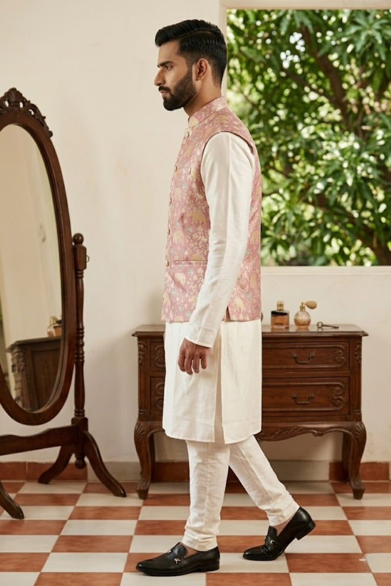 Onion colour half sleeves printed bundi