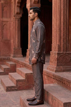 Grey colour plain kurta set with printed bundi