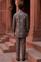 Grey colour plain kurta set with printed bundi
