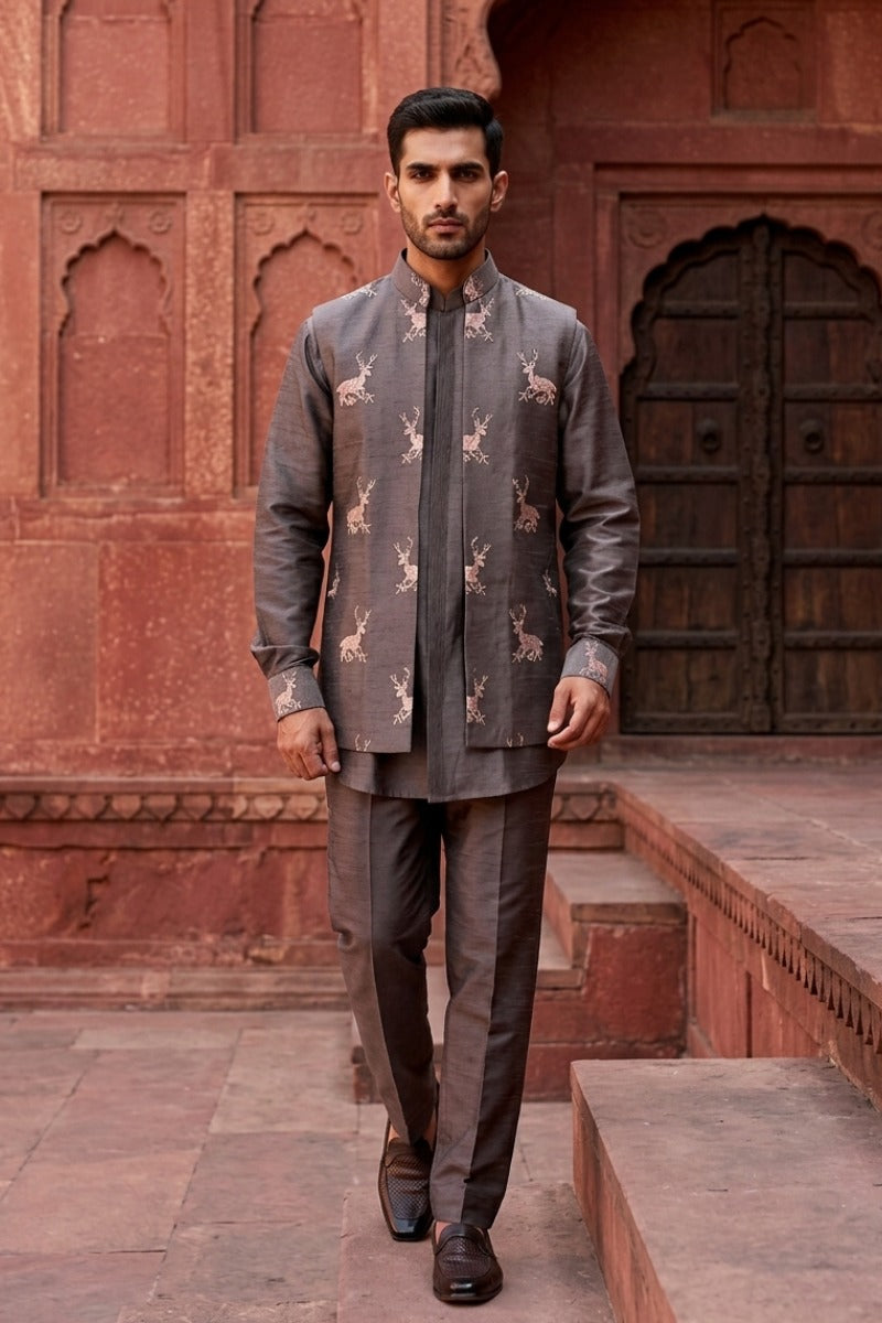 Grey colour plain kurta set with printed bundi