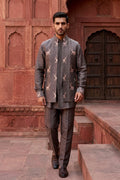 Grey colour plain kurta set with printed bundi
