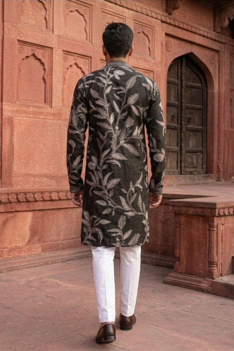 Black colour kurta set with white floral print