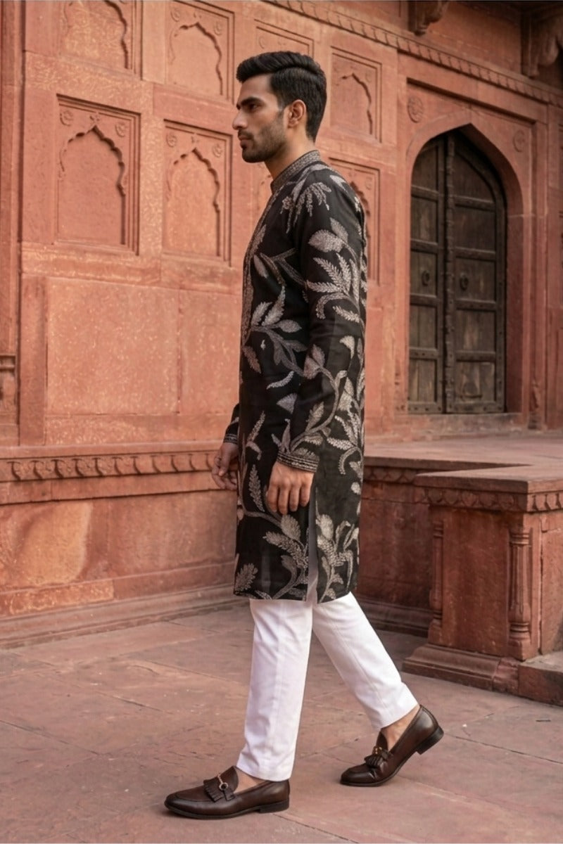 Black colour kurta set with white floral print