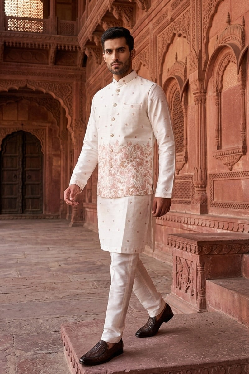 White colour kurta set with thread work and embroidery bundi