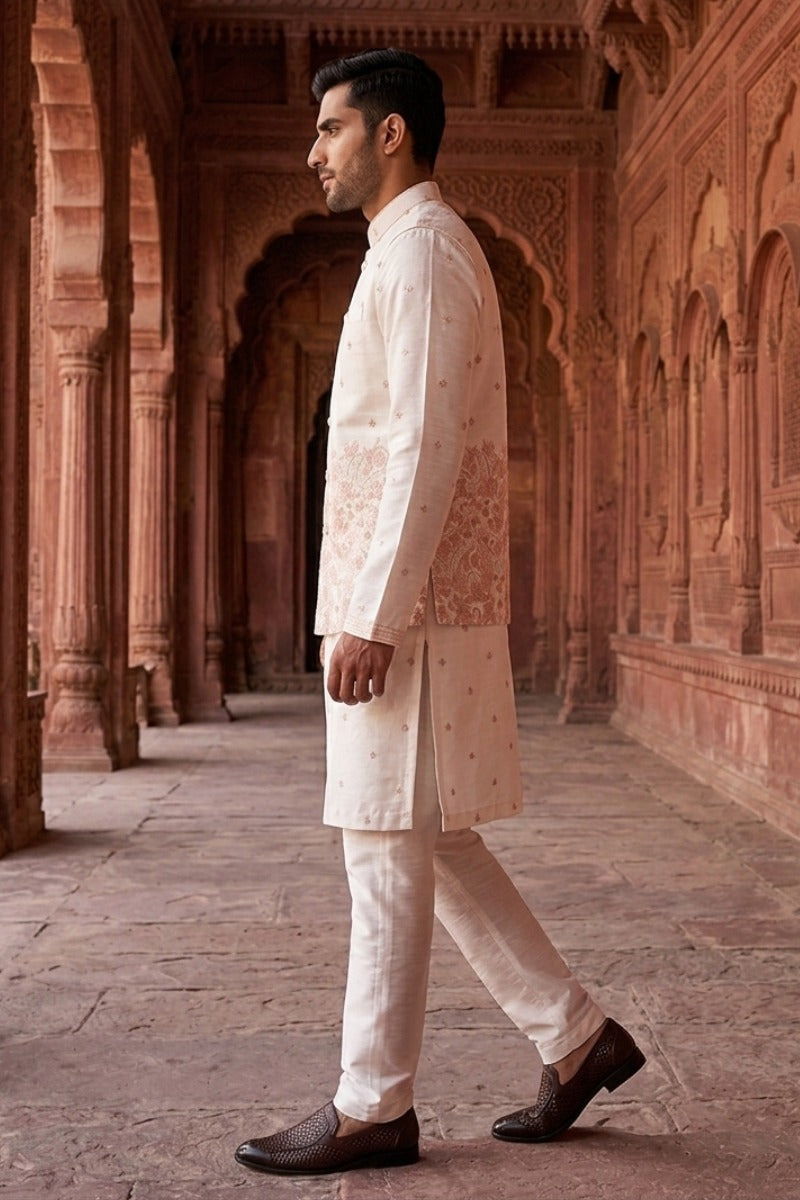 White colour kurta set with thread work and embroidery bundi