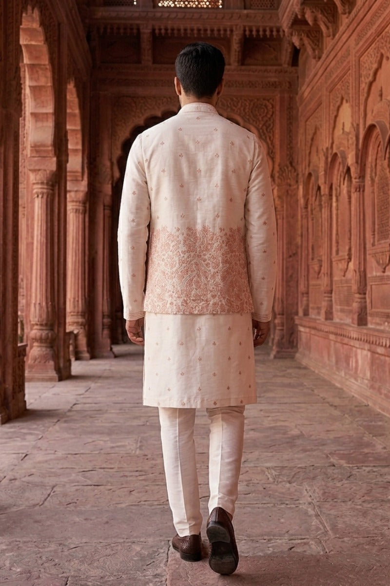 White colour kurta set with thread work and embroidery bundi