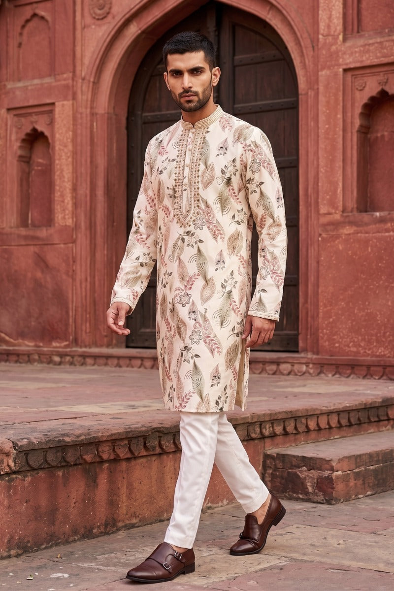 Mehndi colour kurta set with floral print