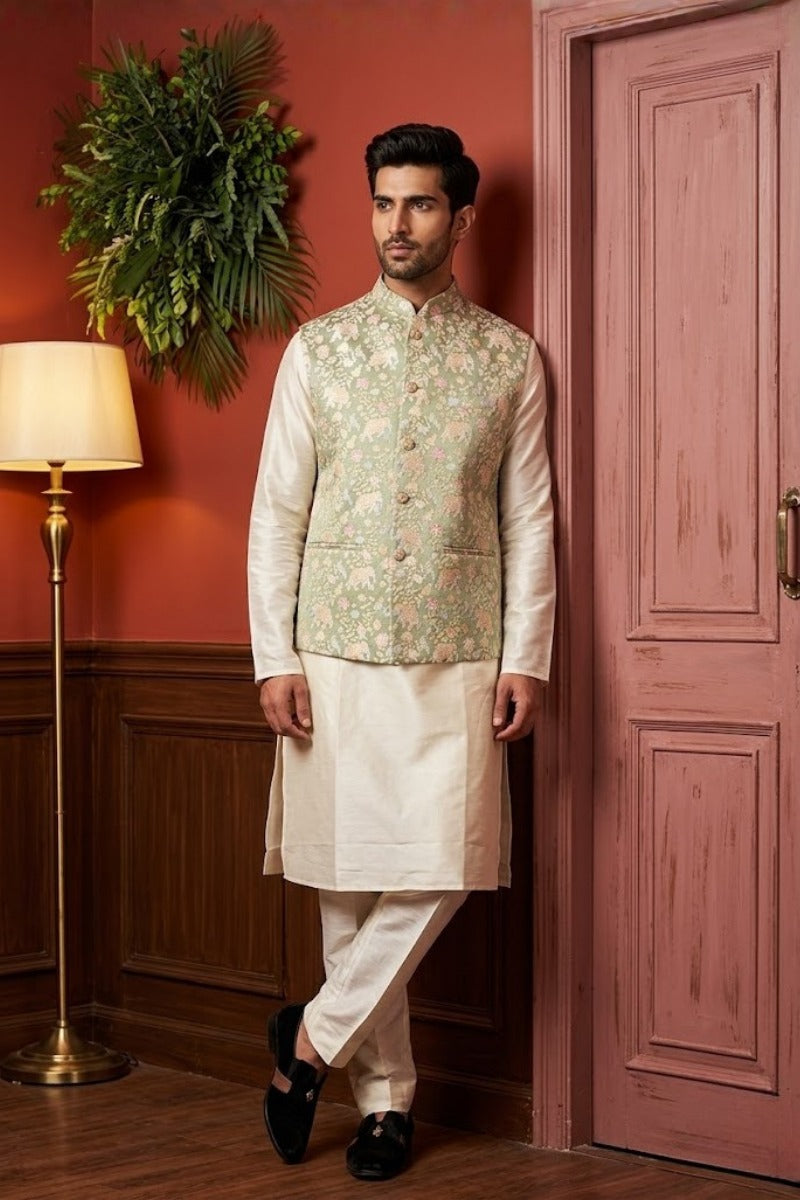Cotton printed half sleeves bundi with elephant and palm tree pattern