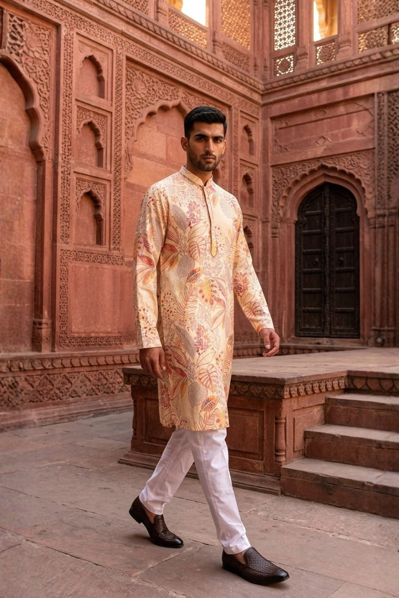 Cream colour kurta with allover floral printed design with pant