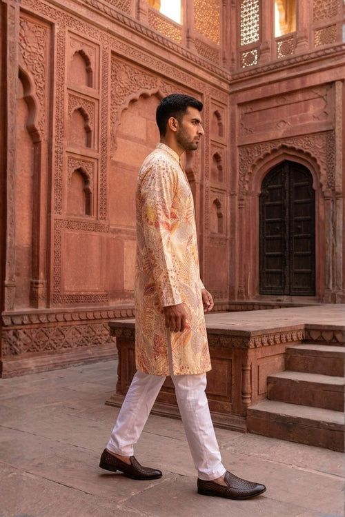 Cream colour kurta with allover floral printed design with pant