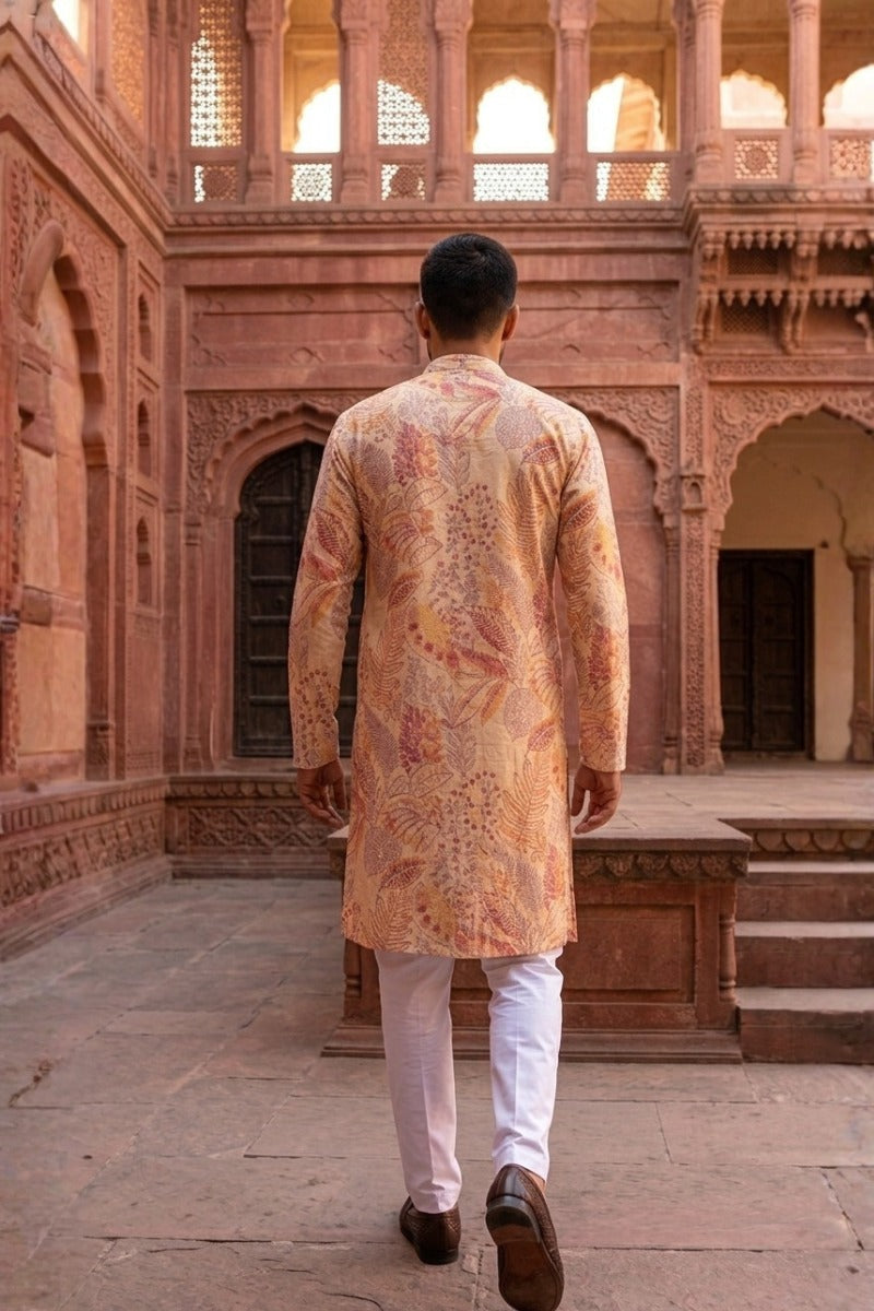 Cream colour kurta with allover floral printed design with pant