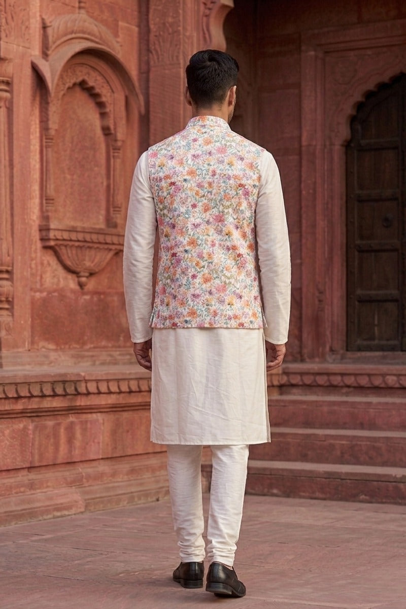 Cream colour printed floral design bundi