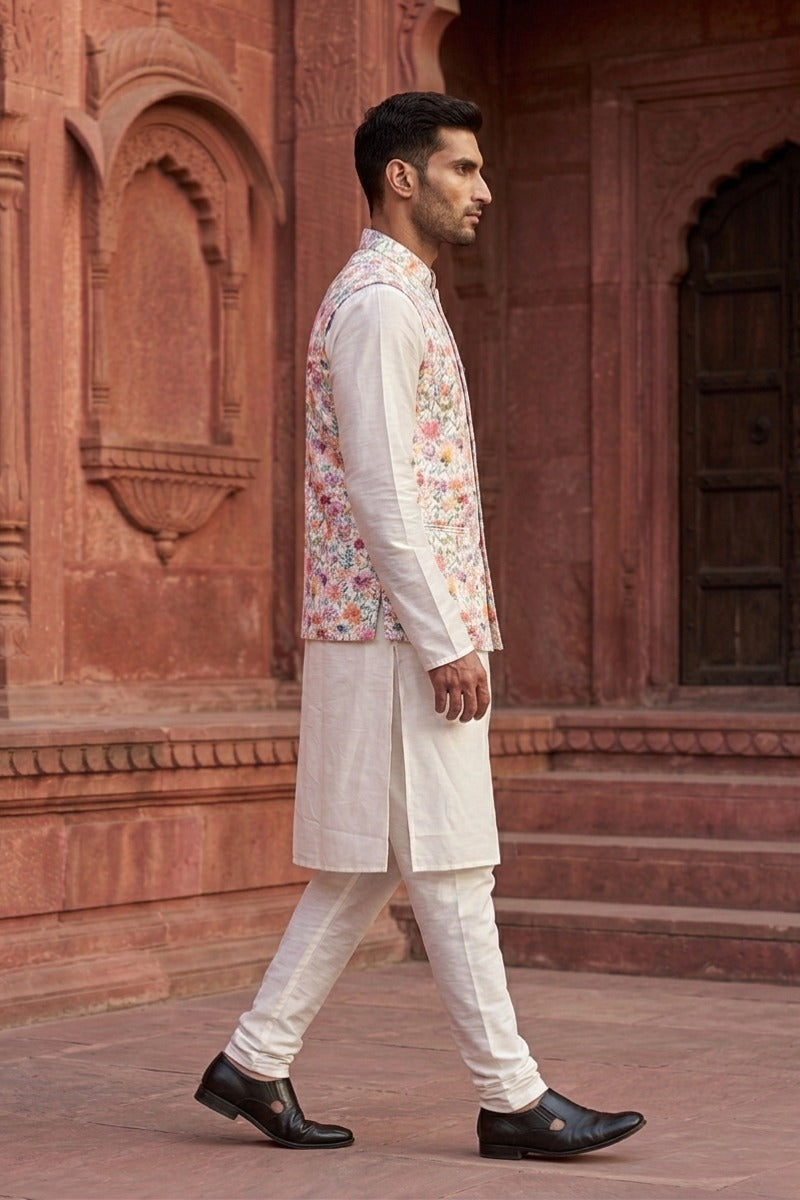 Cream colour printed floral design bundi