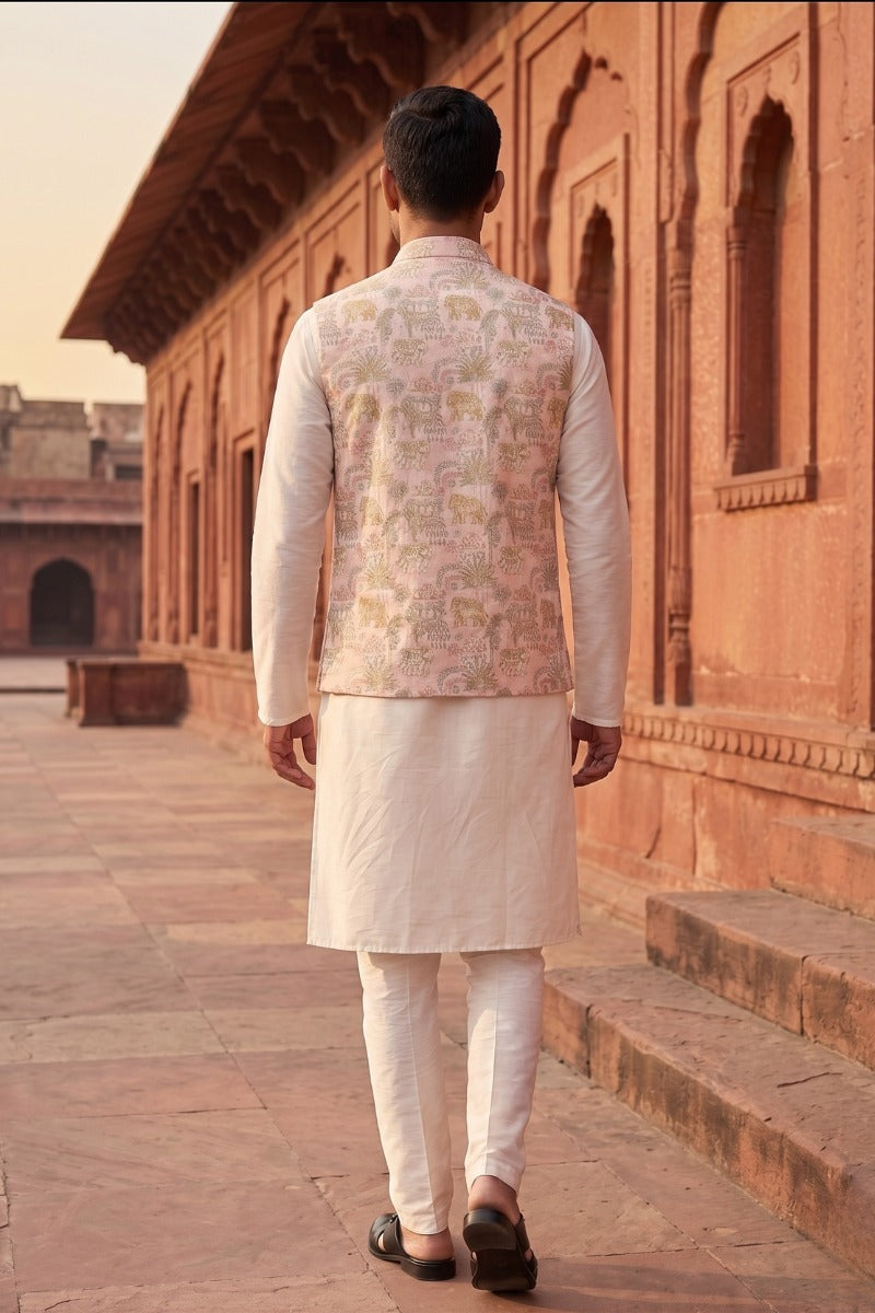 Pink colour half sleeves bundi with allover printed motifs