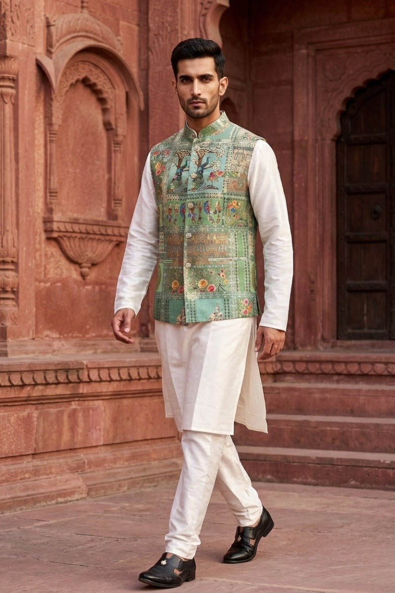 Green colour printed floral design bundi