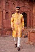 Yellow and brown printed kurta top with embroidered neck and pant