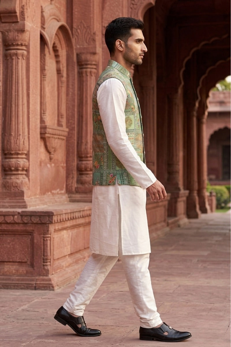 Green colour printed floral design bundi