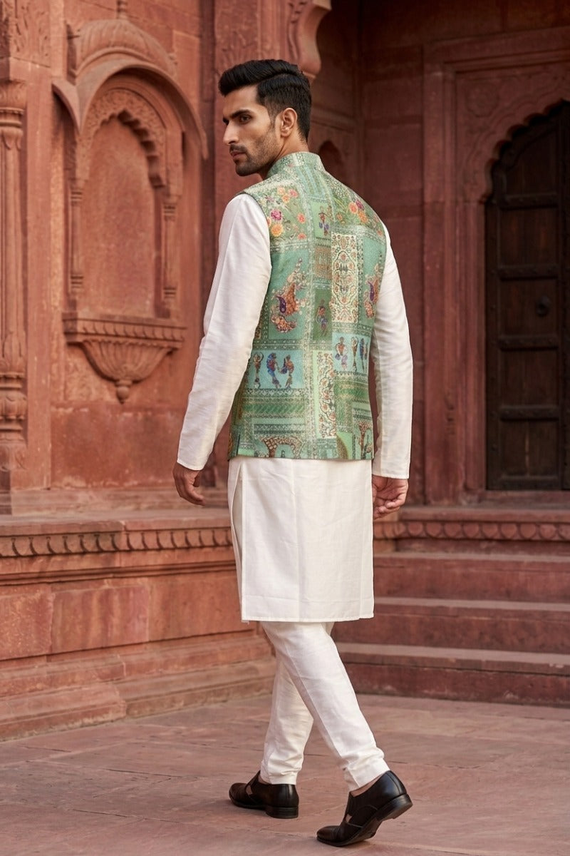 Green colour printed floral design bundi