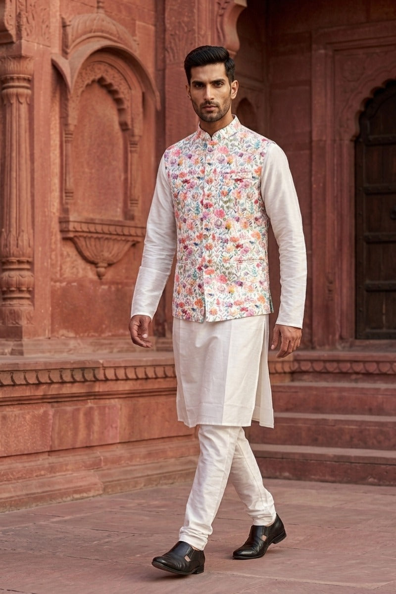 Cream colour printed floral design bundi