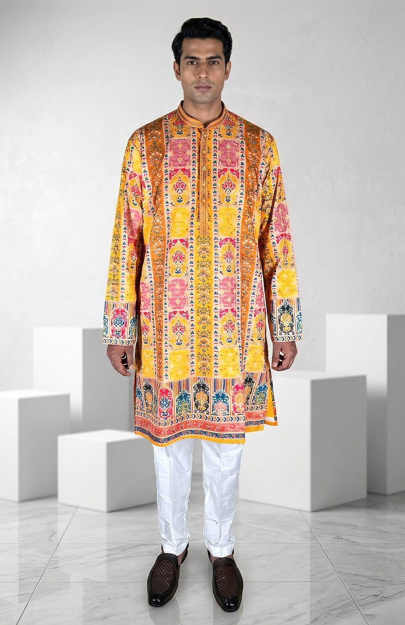 yellow Colour georgette fabric kurta with allover printed embroidery kurta set