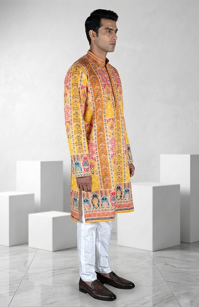 yellow Colour georgette fabric kurta with allover printed embroidery kurta set