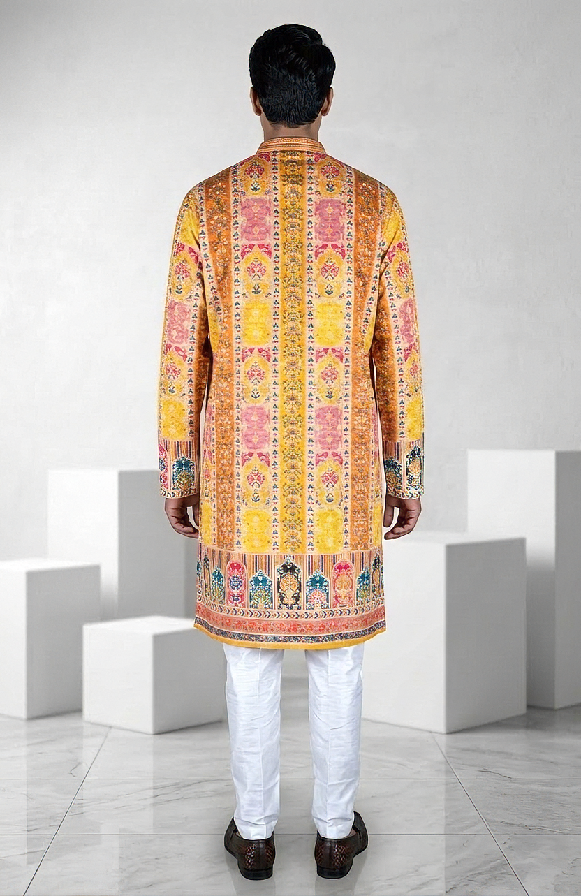 yellow Colour georgette fabric kurta with allover printed embroidery kurta set