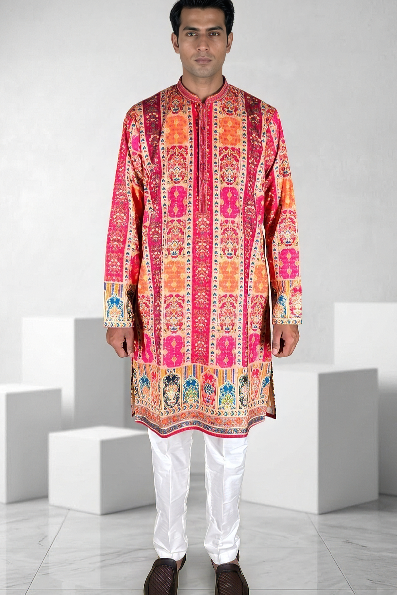 Mustard colour georgette fabric kurta with allover printed embroidery kurta set