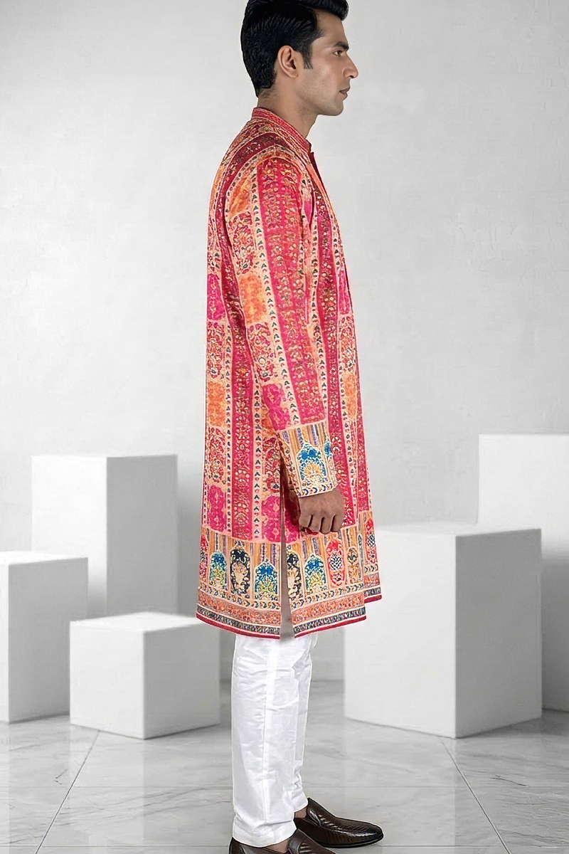 Mustard colour georgette fabric kurta with allover printed embroidery kurta set