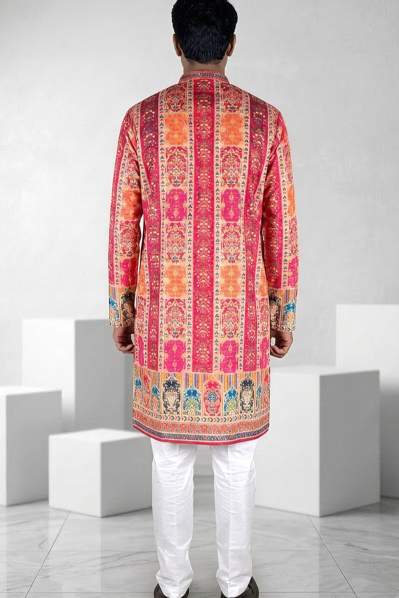 Mustard colour georgette fabric kurta with allover printed embroidery kurta set