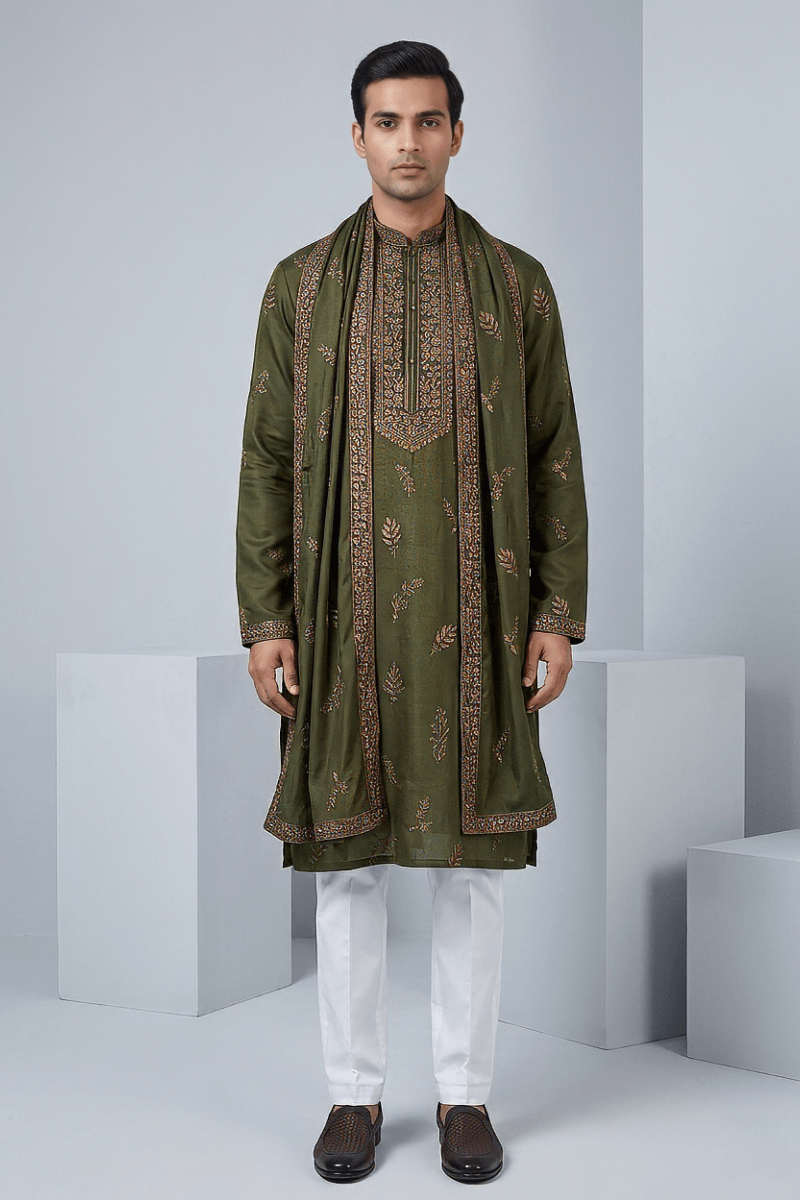 Mehndi colour kurta top and dupatta with embroidery