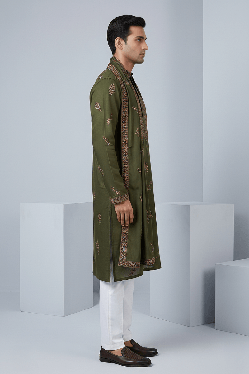 Mehndi colour kurta top and dupatta with embroidery